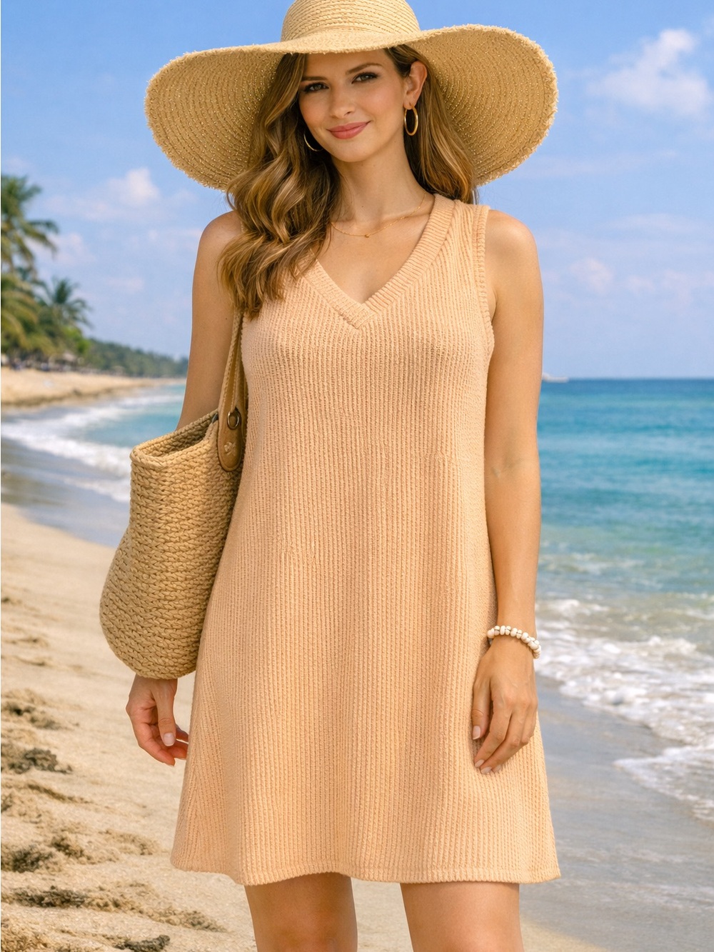 Sleeveless V-Neck Knit Dress in Peach